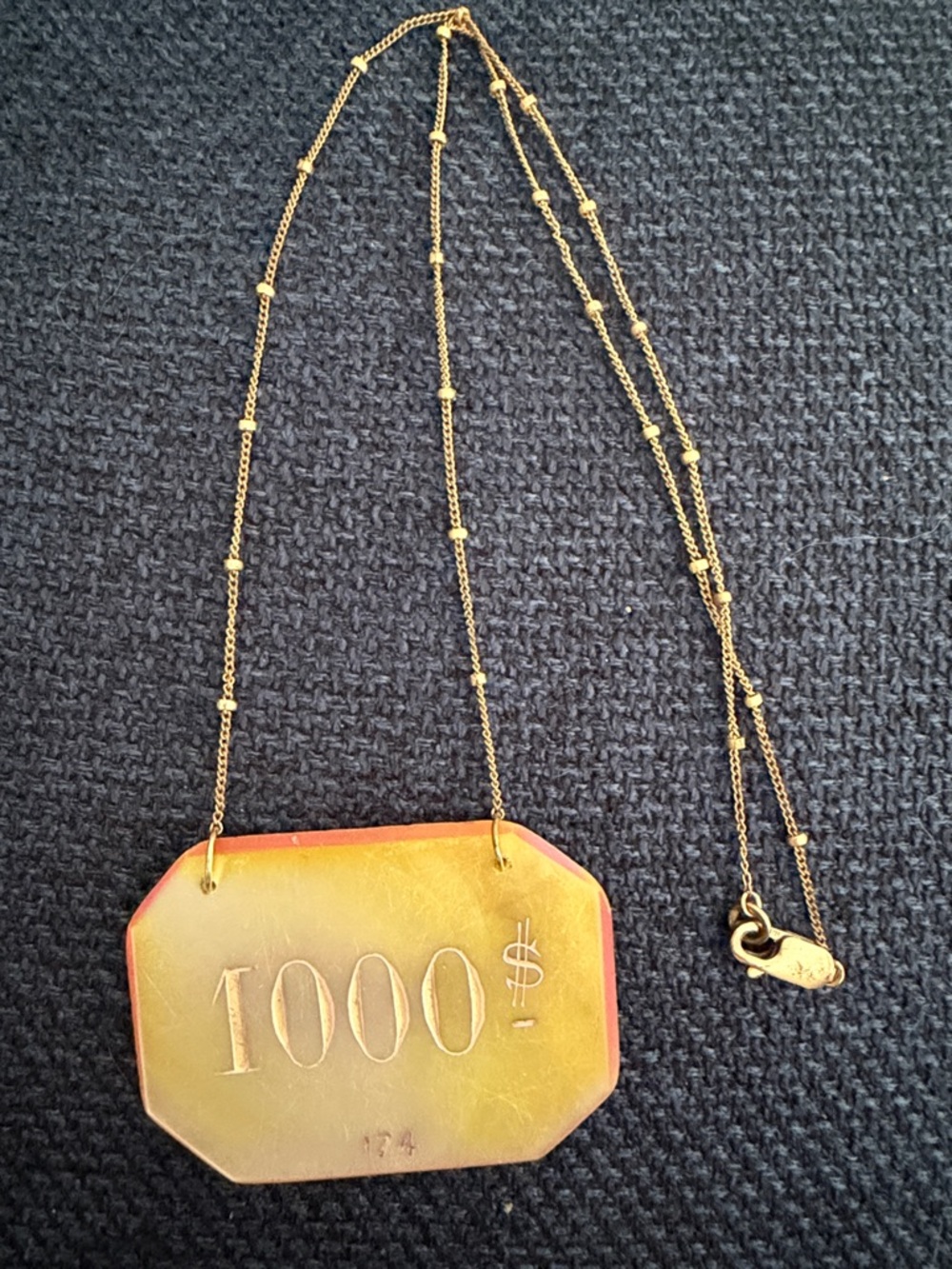 Gold-Tone $1000 Dollar Plate/Casino Chip Pendant Necklace